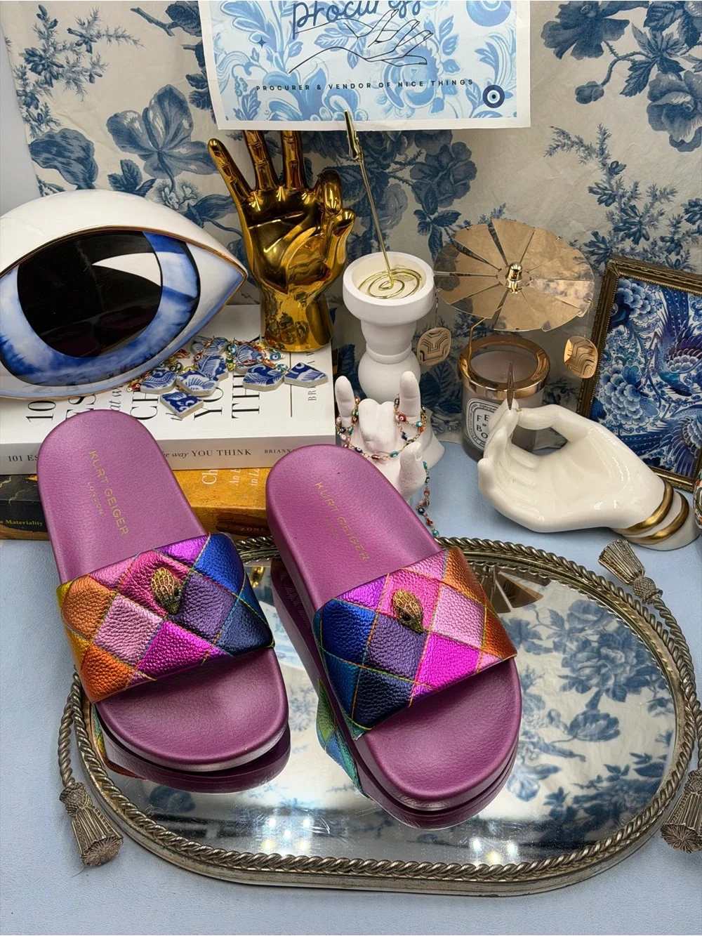 🆕 KURT GEIGER LONDON 🧿 NWOT Meena Eagle Metallic Diamond Slide, Sz 36.5 US 6.5
